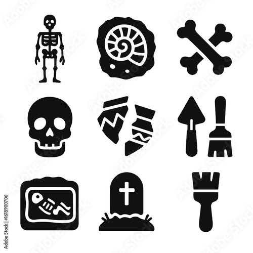 Archaeological Icon Set. Solid, filled icon set of remains: human skeleton, fossil, bone fragments, skull, ancient pottery shards,