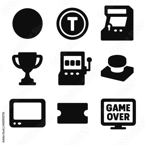 Arcade Icons Grid. Solid, filled icon set of Arcade Tokens: coin, token, arcade machine, prize, slot, button, arcade screen,