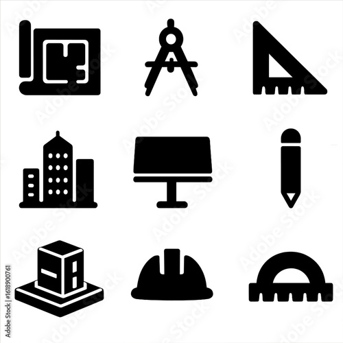 Architectural Icon Set. Solid, filled icon set of architectural composition: blueprint, compass, ruler, building silhouette,