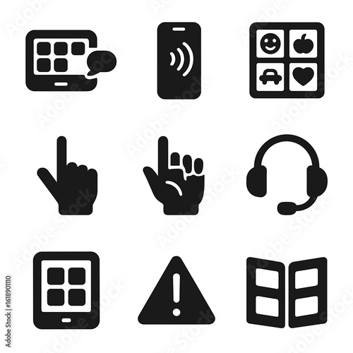Assistive Communication Icons. Solid, filled icons set of assistive communication: speech-generating device,