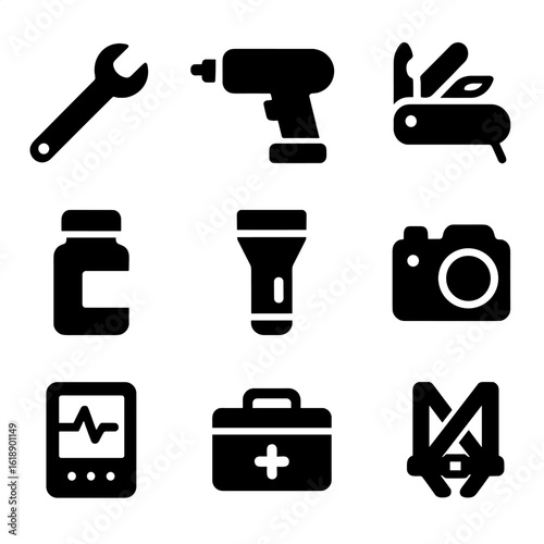 Astronaut Tools Icons. Solid, filled icon set of astronaut tools: wrench, drill, multitool, sample container, flashlight, camera,
