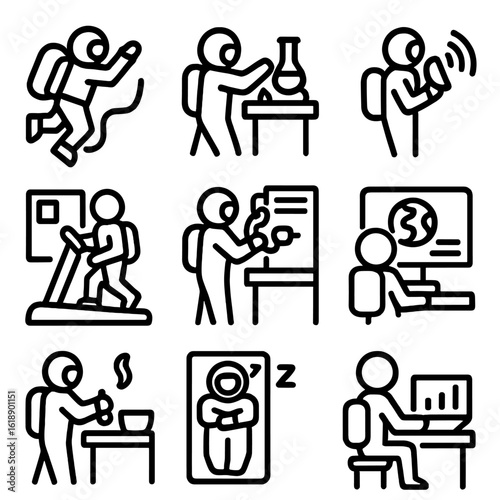 Astronaut Activities Icons. Solid, filled icon set of astronauts activities on space station: spacewalk, scientific experiment,