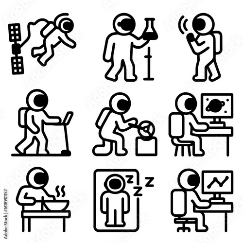 Astronaut Activities Icons. Solid, filled icon set of astronauts activities on space station: spacewalk, scientific experiment,