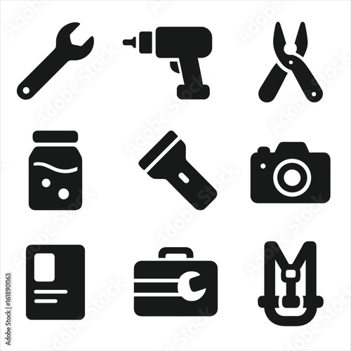 Astronaut Tools Icons. Solid, filled icon set of astronaut tools: wrench, drill, multitool, sample container, flashlight, camera,