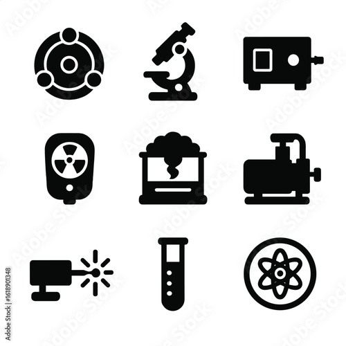 Atomic Science Icon Set. Solid, filled icon set of atomic science tools: particle accelerator, microscope, spectrometer, radiation