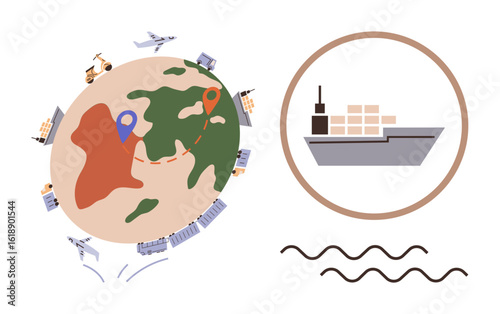 Globe with transportation modes ship, airplane, truck showing trade flow. Pinpoints, dotted lines emphasize logistics and routes. Ideal for supply chain, global commerce, connectivity, import-export