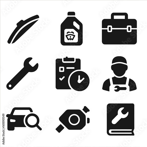 Auto Tools Icons. Solid, filled icons set of auto maintenance tools: wiper blade, washer fluid bottle, tool