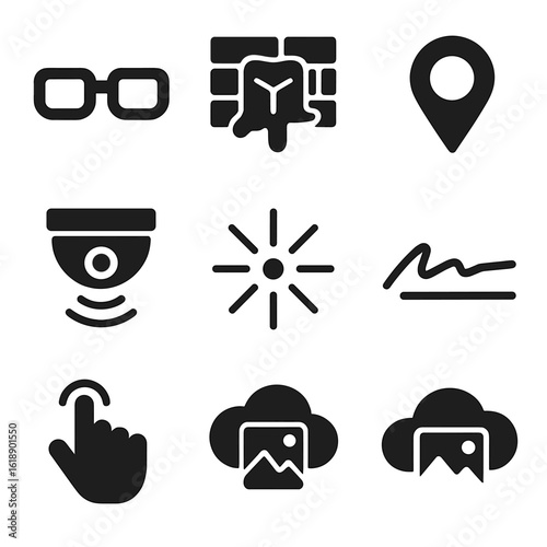 Augmented Reality Icons. Solid, filled icons set of augmented reality street murals: AR glasses, city wall, 3D