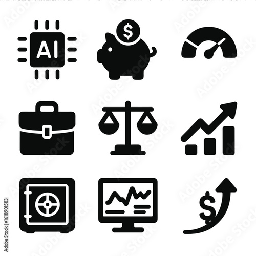 Automated Wealth Icons. Solid, filled icons set of automated wealth management: AI chip, savings icon, risk