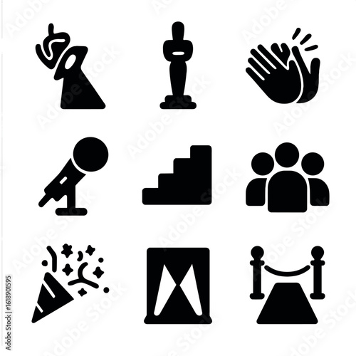 Award Ceremony Icons. Solid, filled icon set of award ceremony elements: stage spotlight, golden statuette, applause hands, speech