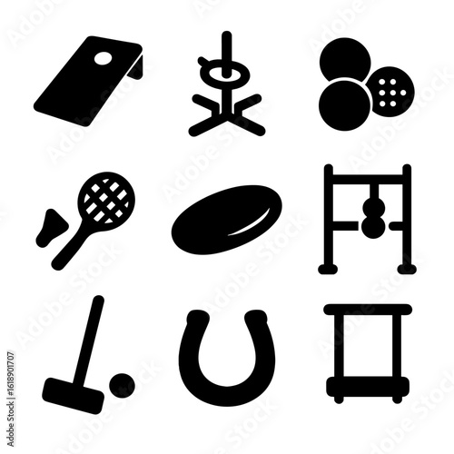 Backyard Games Icons. Solid, filled icon set of backyard games and fun: cornhole, ring toss, bocce ball, badminton racket, frisbee