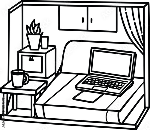 dorm room with laptop on bed and mug