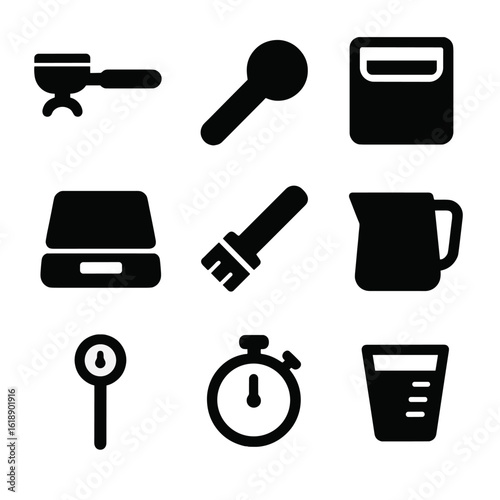 Barista Tools Icons. Solid, filled icon set of barista tools: portafilter, coffee scoop, knock box, scale, cleaning brush, pitcher