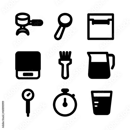 Barista Tools Icons. Solid, filled icon set of barista tools: portafilter, coffee scoop, knock box, scale, cleaning brush, pitcher