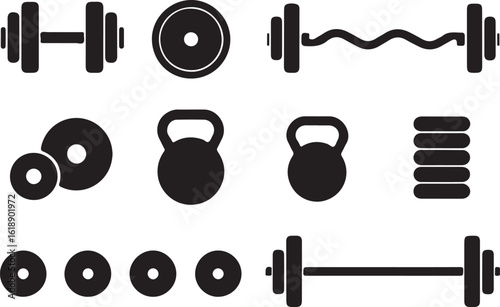 Dumbbells barbells kettlebells weight plates exercise equipment vector
