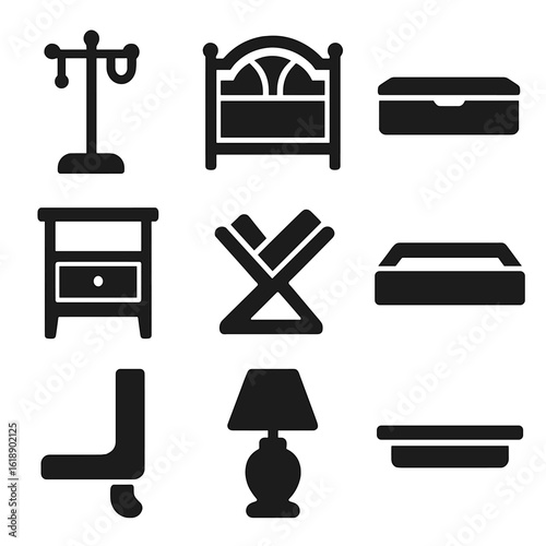 Bedroom Wood Craft Icons. Solid, filled icons set of bedroom wood crafts: jewelry stand, headboard panel,