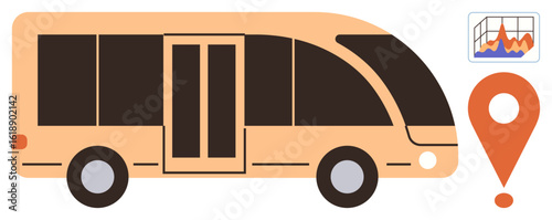 Orange bus alongside location pin and analytics chart representing transit, travel, logistics, navigation, smart cities, public transportation, and innovation in technology. Engaging simple flat