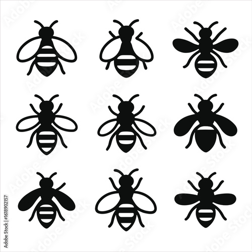Bee Icons Grid. Solid, filled icons set of types of pollinating bees: honeybee, bumblebee, mason bee,