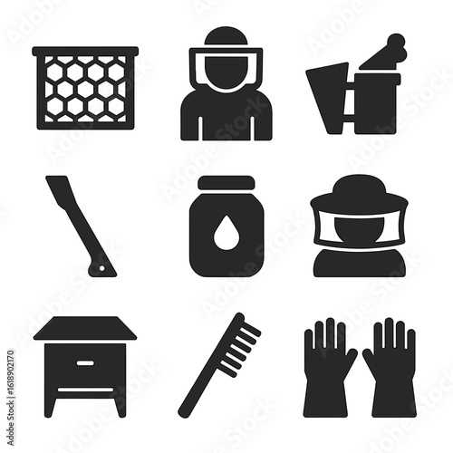 Beekeeping Icon Set. Solid, filled icons set of beekeeping essentials: hive frame, beekeeper suit, smoker tool