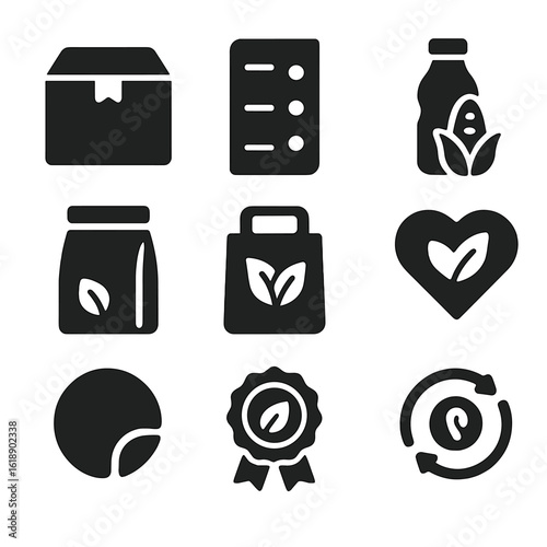 Biodegradable Packaging Icons. Solid, filled icons set of biodegradable product packaging: kraft box,