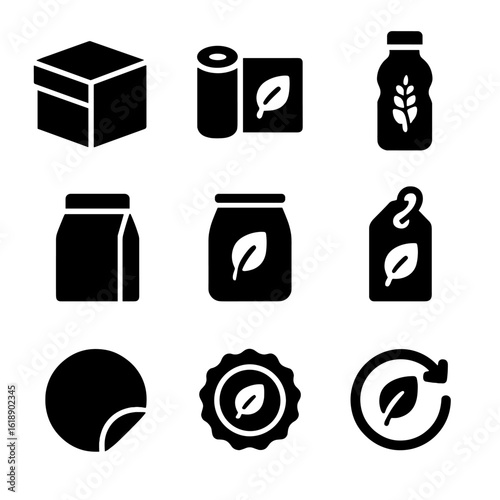Biodegradable Packaging Icons. Solid, filled icons set of biodegradable product packaging: kraft box,