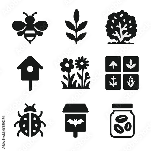 Biodiversity Farming Icons. Solid, filled icons set of biodiversity in farming: pollinator icon, native plant,