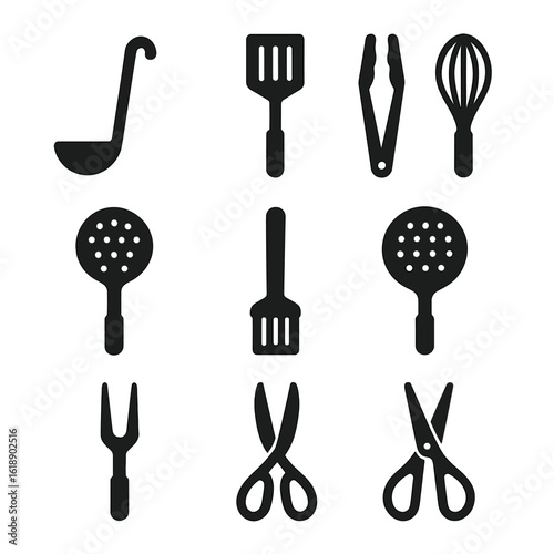 Black Cooking Utensils Grid. Solid, filled icon set of Cooking utensils: ladle, spatula, tongs, whisk, slotted spoon, basting