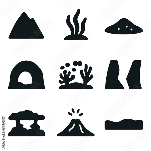 Black Icon Grid. Solid, filled icon set of ocean floor features: underwater mountain, seaweed, sand, underwater cave, coral garden
