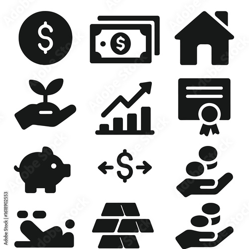 Black Icon Grid. Solid, filled icon set of ocean floor features: underwater mountain, seaweed, sand, underwater cave, coral garden
