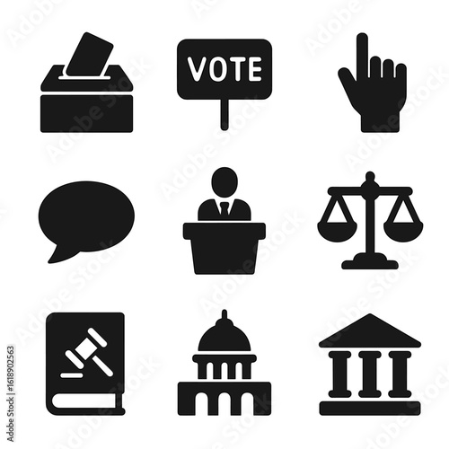 Black Icon Grid. Solid, filled icon set of democratic rights: ballot box, vote, voting hand, democracy, speech bubble, podium, law