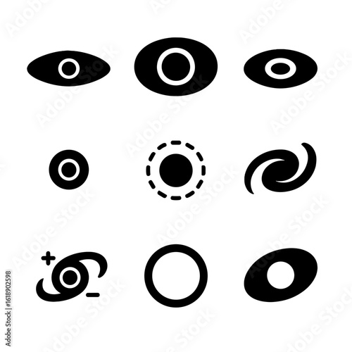 Black Hole Icons Grid. Solid, filled icon set of Theoretical black hole types: stellar black hole, supermassive black hole,