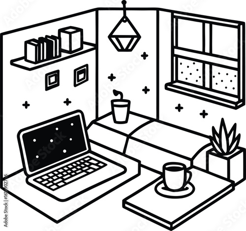 dorm room with laptop on bed posters and cup of tea