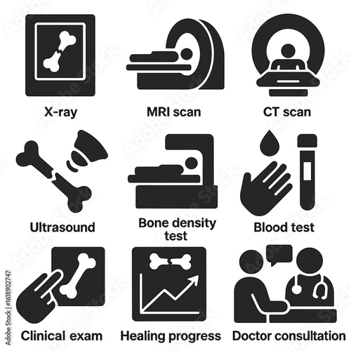 Bone Healing Tools. Solid, filled icons set of diagnostic tools for bone healing: X-ray, MRI scan, CT scan,