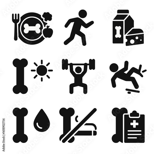 Bone Health Icons. Solid, filled icons set of bone health maintenance: balanced diet, exercise, calcium-rich