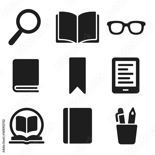 Book Accessory Icons. Solid, filled icons set of book-themed accessories: magnifying glass, open book, reading