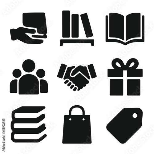Book Exchange Icons. Solid, filled icon set of book exchange: hand passing book, bookshelf, open book, group of people, handshake,