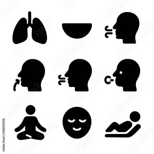 Breathing Technique Icons. Solid, filled icon set of breathing techniques: lungs, diaphragm, breath flow, inhale, exhale, breath