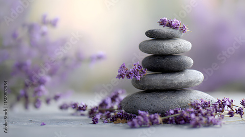 Zen Stone Balance with Purple Lavender Flowers for Relaxation.