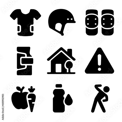 Bruise Prevention Icons. Solid, filled icon set of bruise prevention: protective gear, helmet, knee pads, wrist guards, safe