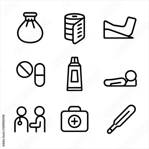 Bruise Treatment Icons. Solid, filled icon set of bruised skin treatment: ice pack, compression bandage, elevation of limb, pain