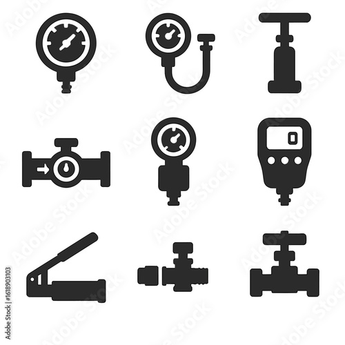 Calibration Device Icons. Solid, filled icons set of pressure and flow calibration devices: pressure gauge,