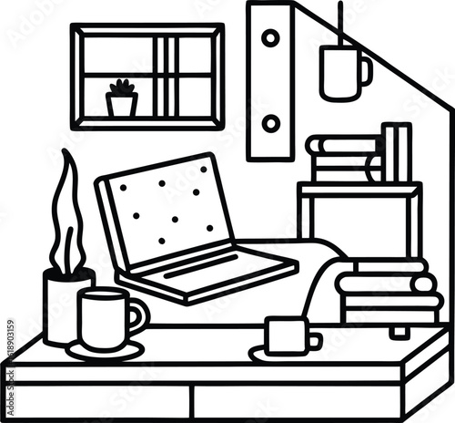 dorm room with laptop on bed shelf and cup of tea