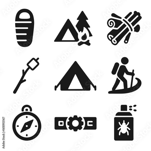 Camping Essentials Icons. Solid, filled icons set of camping and hiking: sleeping bag, campsite icon, firewood