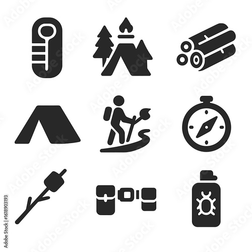 Camping Essentials Icons. Solid, filled icons set of camping and hiking: sleeping bag, campsite icon, firewood