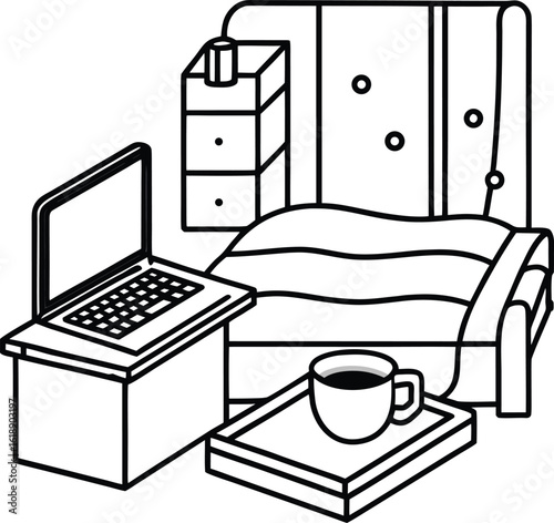 dorm with laptop on bed warm blanket and cup of tea