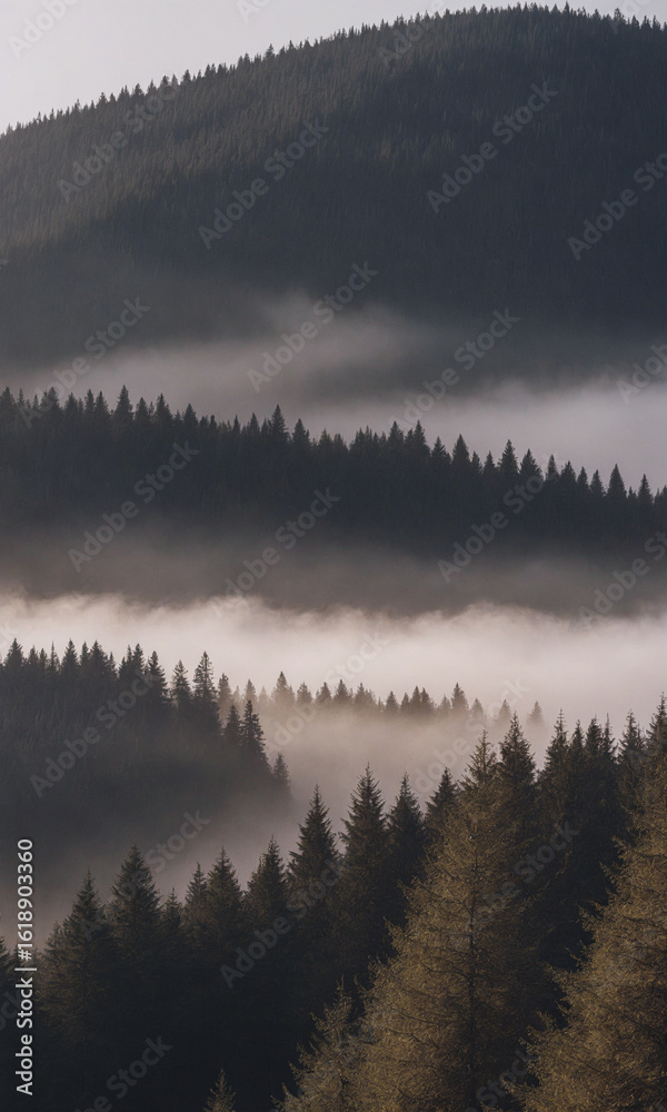 Fototapeta premium Layers of mist and pine trees in dramatic mountain forest at sunrise – Generative AI