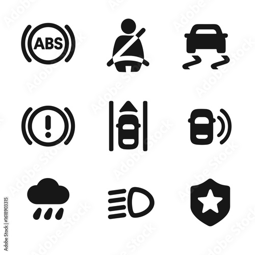 Car Safety Icons Grid. Solid, filled icons set of car safety systems: ABS light, seatbelt icon, traction