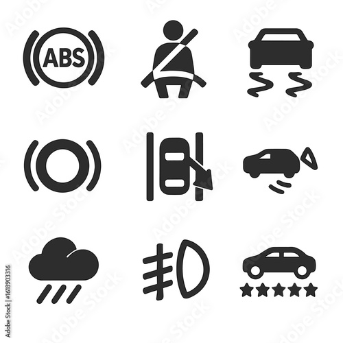 Car Safety Icons Grid. Solid, filled icons set of car safety systems: ABS light, seatbelt icon, traction