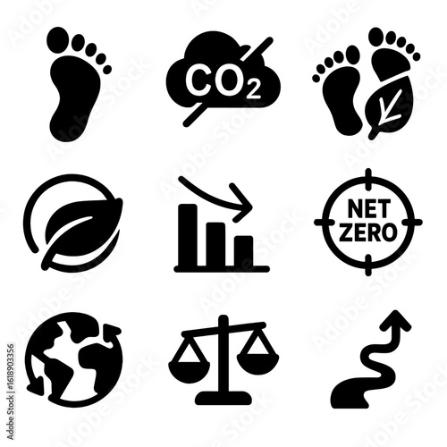 Carbon Footprint Icons. Solid, filled icons set of carbon footprint reduction: footprint icon, CO2 cloud with