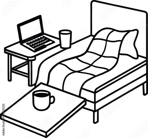dorm room with laptop on bed warm blanket and cup of tea